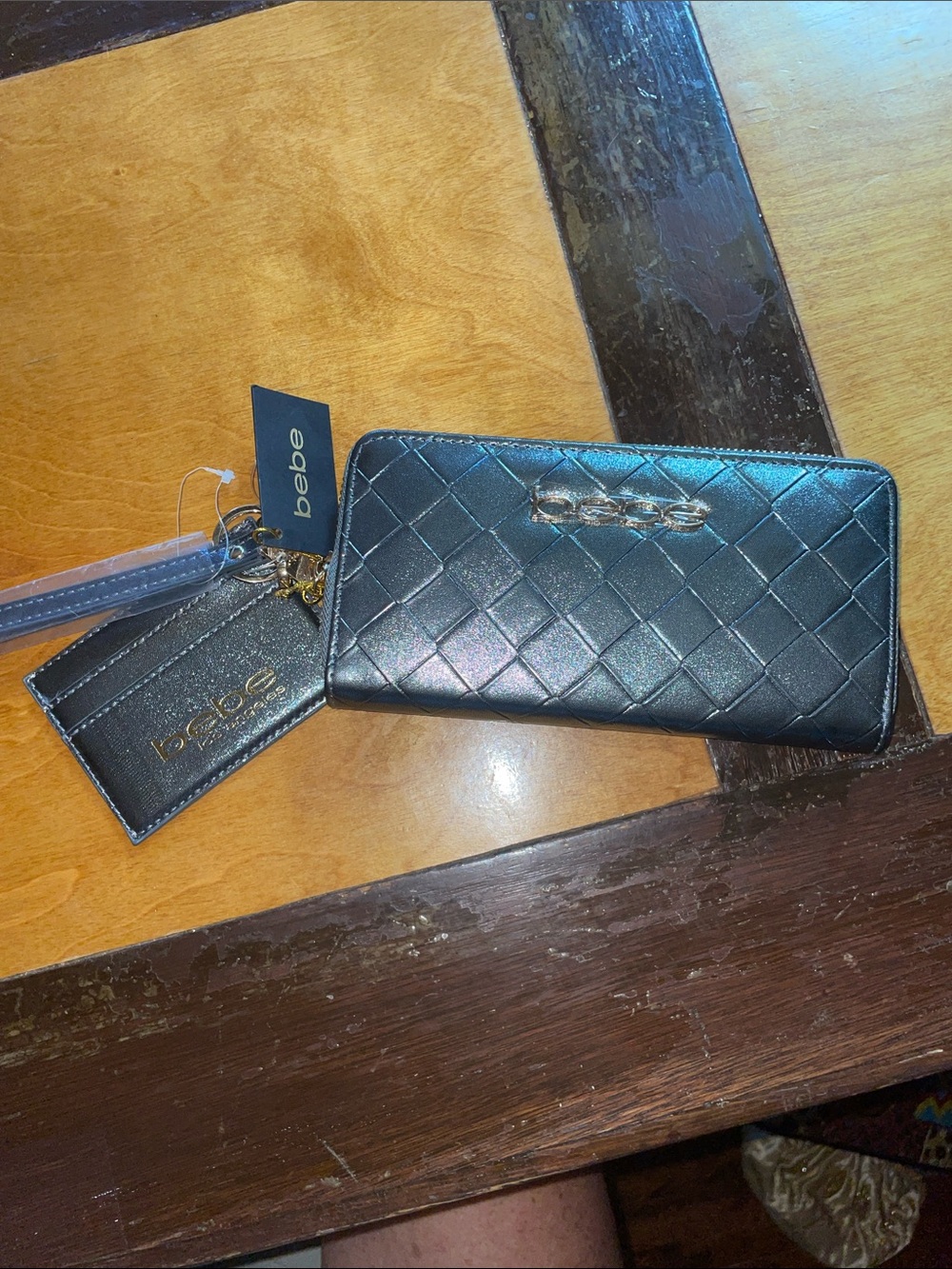 bebe Dark SILVER Quilted Zip Wallet with Gold Accents, NEW